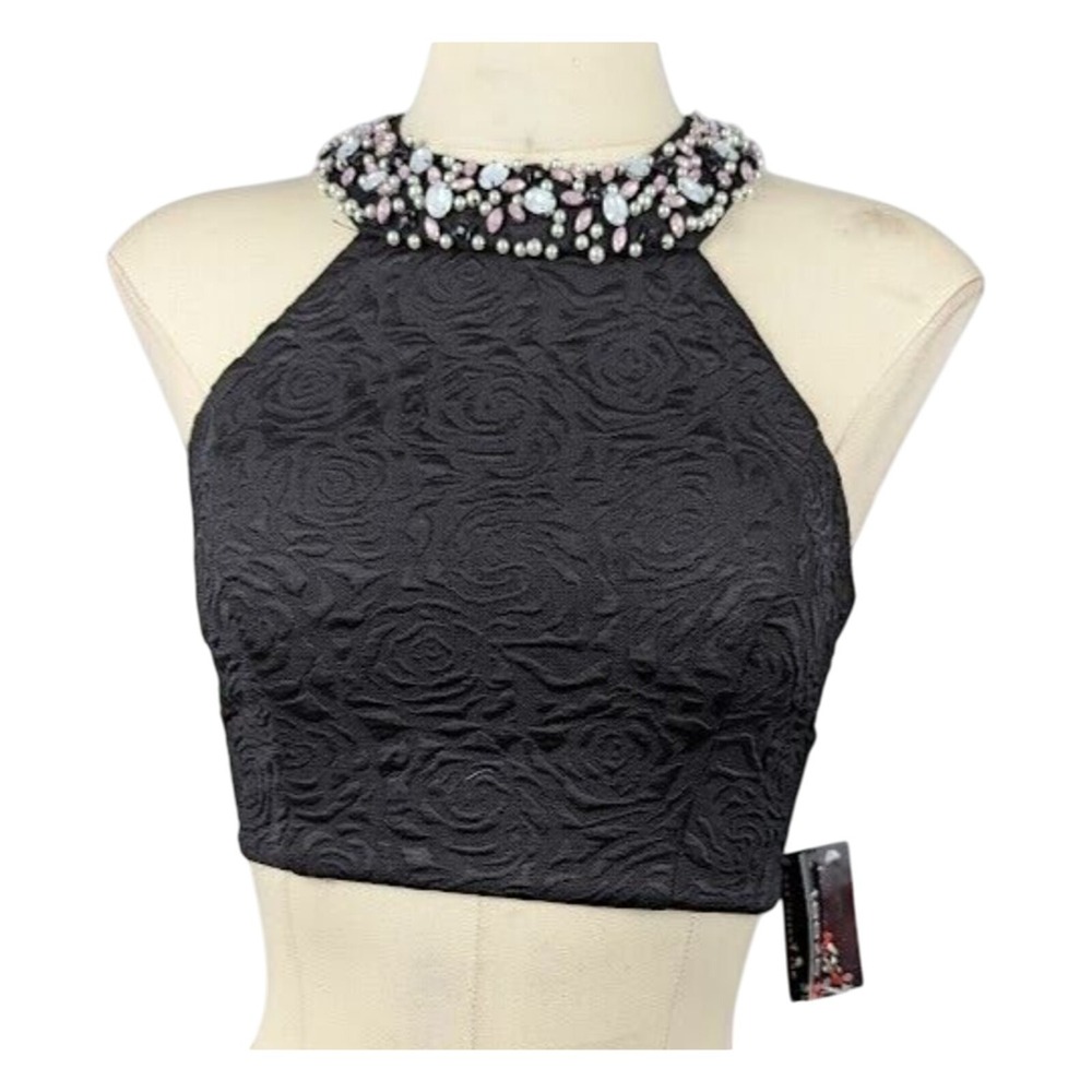 Teeze Me Juniors' Black Jacquard Embellished Crop Top Size 1